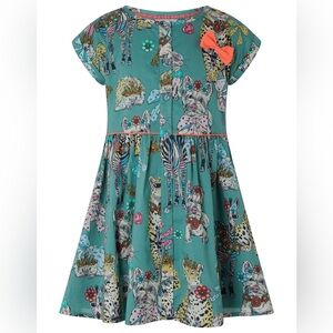 MONSOON Size 9/10 Teal Animal Print Girls Dress with Coral Bow